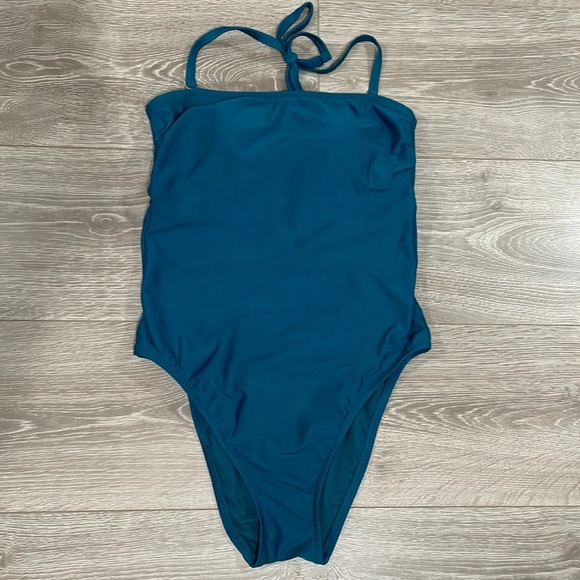 Shade & Shore Bandeau / Halter Tie Back One Piece Swimsuit Teal M - Picture 1 of 15